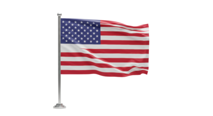 Official flag of the United States of America with thirteen red and white stripes and fifty white stars on blue canton, isolated against a plain white background with copy space, bright, even studio