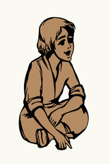 Vector illustration. Small boy sitting on the ground