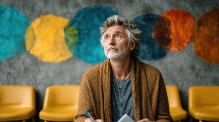 Contemplative Senior Artist in Colorful Studio Setting with Notepad
