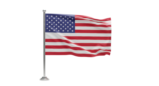 Official flag of the United States of America with thirteen red and white stripes and fifty white stars on blue canton, isolated against a plain white background with copy space, bright, even studio