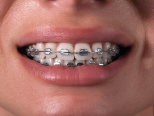 Obraz premium Cropped portrait of young woman smiling with dental braces showing natural beauty and healthy teeth orthodontic treatment concept for dental care hygiene medicine and modern healthcare promotion