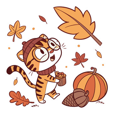 Naklejki Surprised Tiger with wearing glasses, set in a charming Autumn theme – Autumn Leaves color vector art