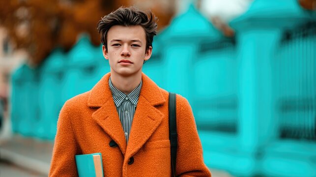 Young Man in Orange Coat Holding Notebook on Autumn Street - Powered by Adobe