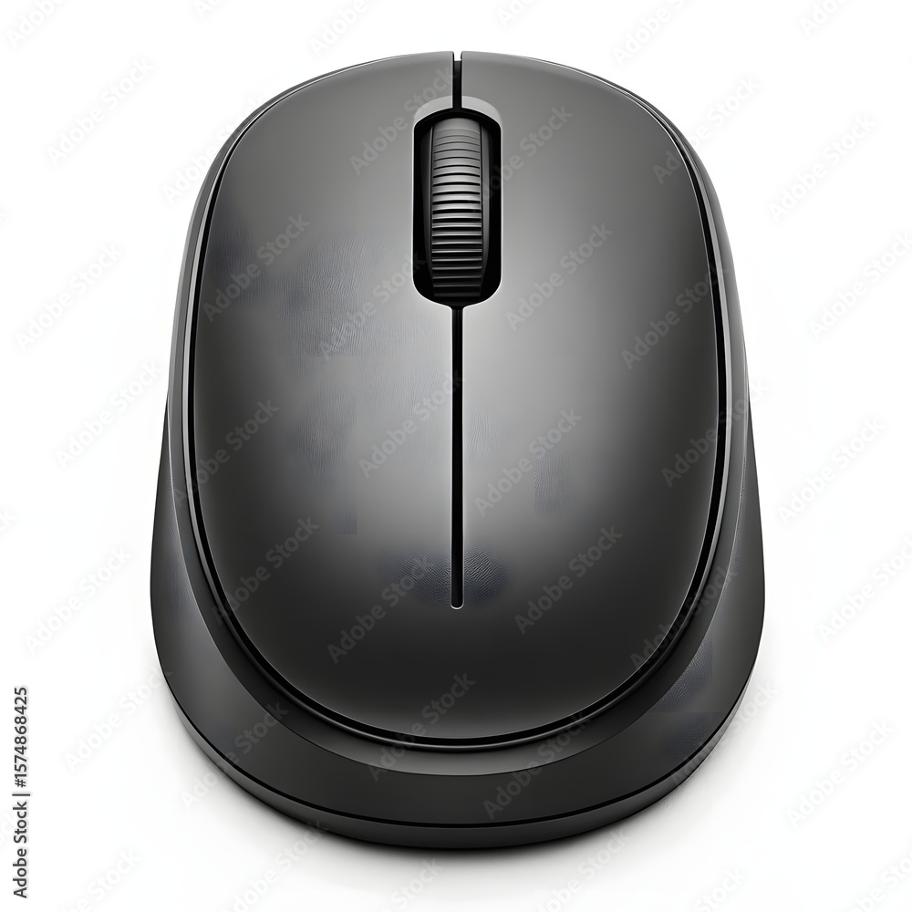 Poster modern black wireless computer mouse with scroll wheel and smooth surface isolated on white backgrou