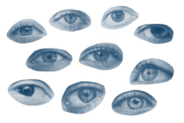 Retro halftone collage eye for use in mixed media designs. Dotted pop art style open human eye with half-tone texture. Illustration of vintage grunge punk crazy art stencils. 
