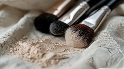 Makeup Brushes and Powder on Textured Fabric: A Minimalist Beauty Still Life with Soft Natural Light for Cosmetic Products Display.