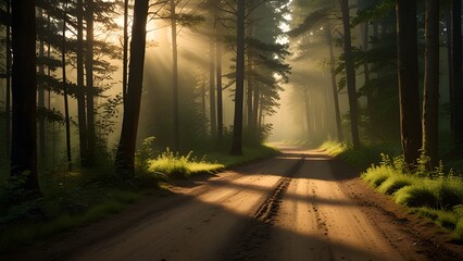 A misty autumn morning sun casts green light through a foggy forest path