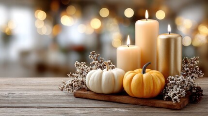 Festive autumn setting featuring assorted pumpkins, candles, and rustic decor on a wooden table, perfect for seasonal displays