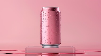 Refreshing pink soda can glistening with condensation, displayed on a clear platform against a monochrome pink background exudes modern elegance.
