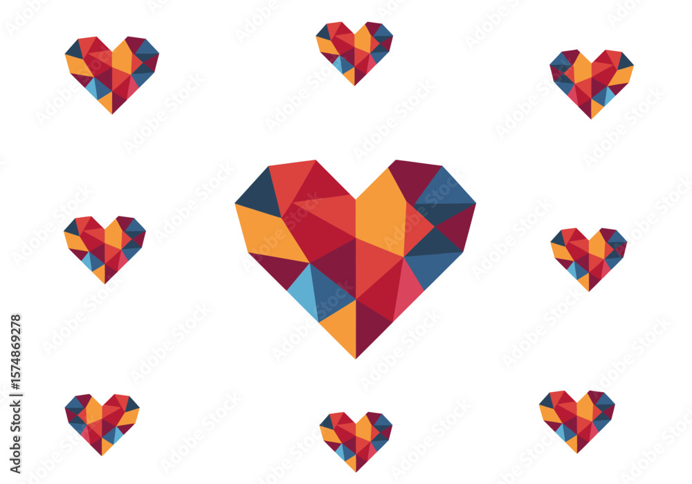 Poster geometric heart pattern colorful polygonal design with red orange and blue triangles.