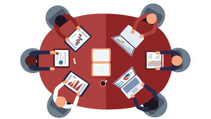 Overhead view of a business meeting with charts laptops and open book on a round table setting