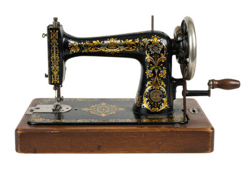 A vintage black cast-iron hand-cranked sewing machine with ornate gold and silver floral designs on an aged wooden base, mechanisms visible, product shot from a high-angle on a transparent studio