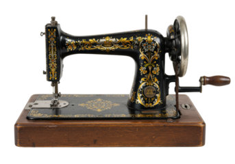 A vintage black cast-iron hand-cranked sewing machine with ornate gold and silver floral designs on an aged wooden base, mechanisms visible, product shot from a high-angle on a transparent studio