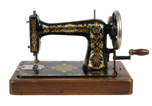 A vintage black cast-iron hand-cranked sewing machine with ornate gold and silver floral designs on an aged wooden base, mechanisms visible, product shot from a high-angle on a transparent studio