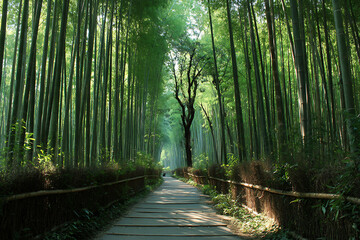 Pathway through a lush bamboo forest with a single prominent tree