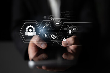 Business management system showing teamwork, productivity, and planning. Management supports goal,...