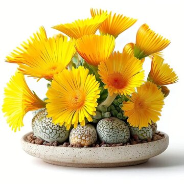 A pot of blooming lithops succulents with bright yellow flowers, arranged neatly in a shallow ceramic dish on a white background.