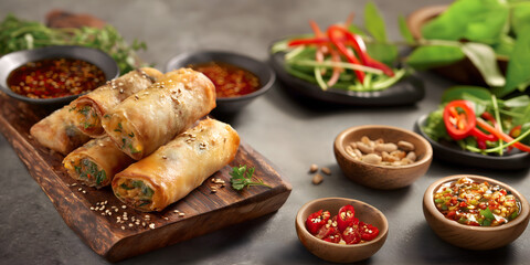 Creative food template. Fried egg spring rolls crispy fry wrapped golden brown pastry snack with filling, veggie meat spice with chili, peanut, sesame seed on granite background. copy text space