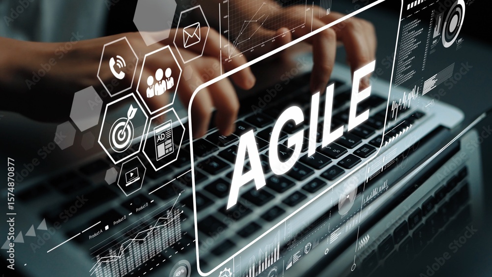 Poster hands typing on laptop with agile concept and digital graphical elements representing modern busines