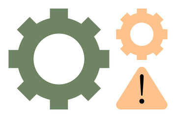 Two gears of differing sizes highlight teamwork a warning triangle suggests caution, system error, or attention needed. Ideal for process, teamwork, caution, alert, failure, planning system