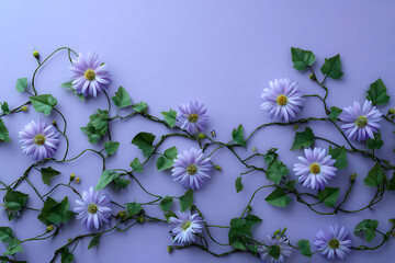 Elegant floral arrangement featuring purple daisies and lush green vines on lilac