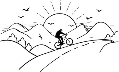Biker Riding on Mountain Road at Sunrise with Birds in the Sky