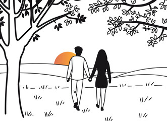 Romantic Couple Holding Hands Walking Through a Field at Sunset