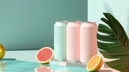 Pastel beverage cans and vibrant citrus fruit composition in a minimalistic aesthetic with tropical leaves on a reflective surface against a teal background.