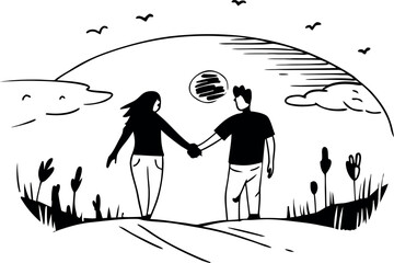Romantic Couple Holding Hands Walking Through a Field at Sunset