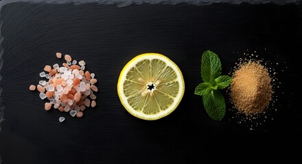 Natural Electrolyte Drink Ingredients: Himalayan Salt and Lemon on Slate
