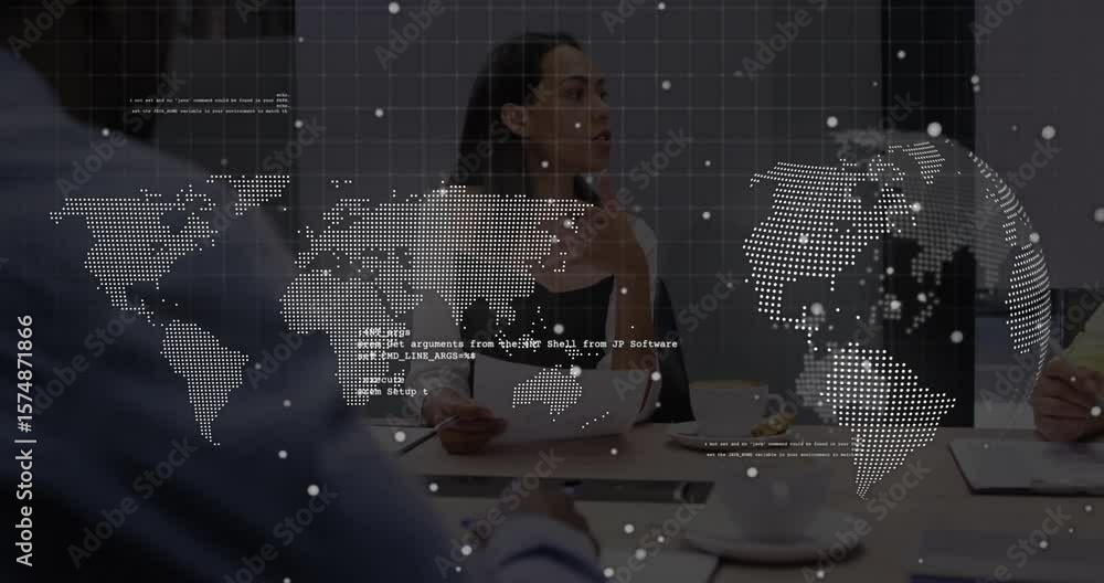 Poster speaker reading report and raising hand in business meeting with transparent map and code overlay
