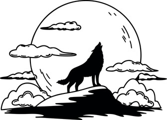 Vector Cliff Scene with Howling Wolf and Full Moon