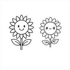 Cheerful Sunflower Duo A Black and White Line Art Illustration of Two Smiling Sunflowers with Leaves and Stems