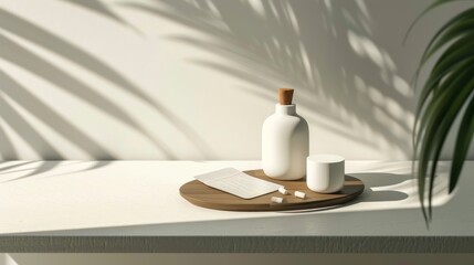 Serene Wellness Still Life: White Bottle, Pills, and Plant Shadow on White Surface, Modern Minimalist Aesthetic Presentation Display.