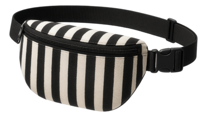 Black and white striped belt bag with a plastic buckle and adjustable waistband