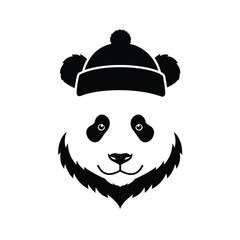 Black silhouette panda head with winter hat icon bear