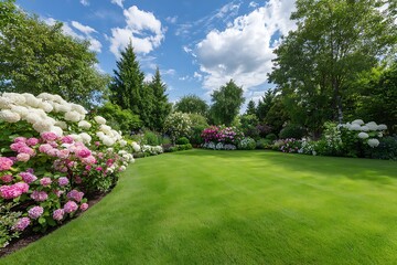 Beautiful manicured lawn with lush flowering garden in a scenic backyard