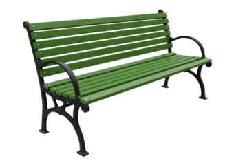 A classic park bench with vibrant green horizontal wooden slats, elegant curved black metal armrests, and sturdy black metal frame against a transparent studio background with diffuse, shadowless