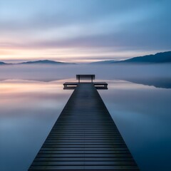 Obraz premium Serene Dock Overlooking a Foggy Lake at Sunrise 