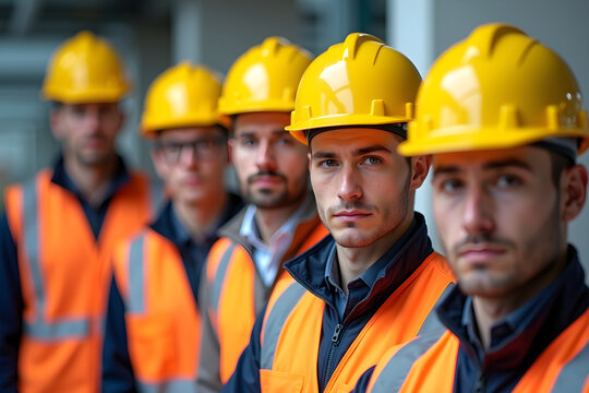 A group of diverse construction workers, wearing yellow hard hats and high visibility safety vests, standing together in a construction