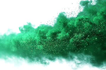 Abstract green smoke and glitter explosion creating a magical atmosphere on white