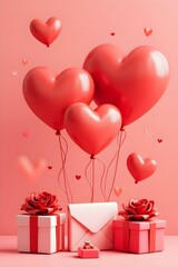 Heart-shaped balloons and gifts with roses on pink background  
