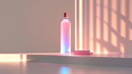Ethereal product display featuring a holographic bottle, pink book, and window shadows evoking sophistication and modern aesthetic appeal in a minimalist scene
