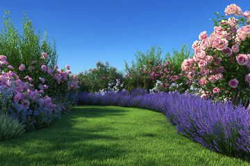 Beautiful garden landscape with roses, lavender, green grass, and blue sky.