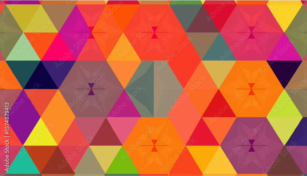 Poster vibrant kaleidoscope background featuring a geometric arrangement of colorful triangles and hexagona