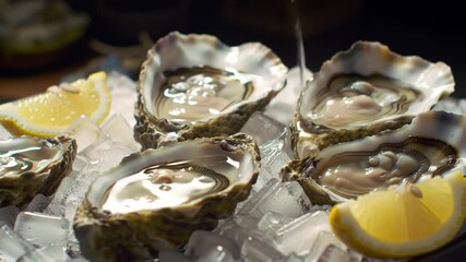 Fresh seafood oysters rest on clear ice cubes, lemon wedges accent, water drips onto shell. National Oyster Day