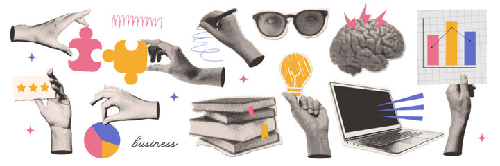 Retro halftone collage business paper stickers set. Hands with puzzles, lightbulb, chats , pen. Technology, startup, idea and teamwork concept. Modern retro vector illustration