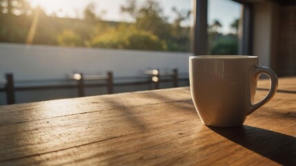 Minimalist Coffee Cup with Sunlight and Copy Space