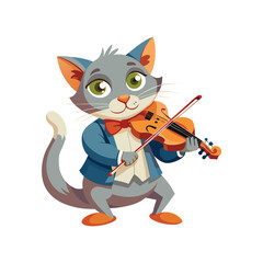 Musical Cat Playing Violin Vector Illustration, Focused Cat Musician Artwork, Cute Animal Playing String Instrument on White Background, Perfect for Music and Pet Designs