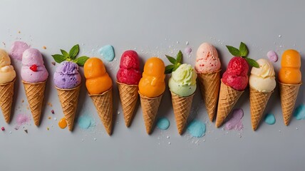 Modern Fruit Ice Creams on Gray Background with Copy Space
